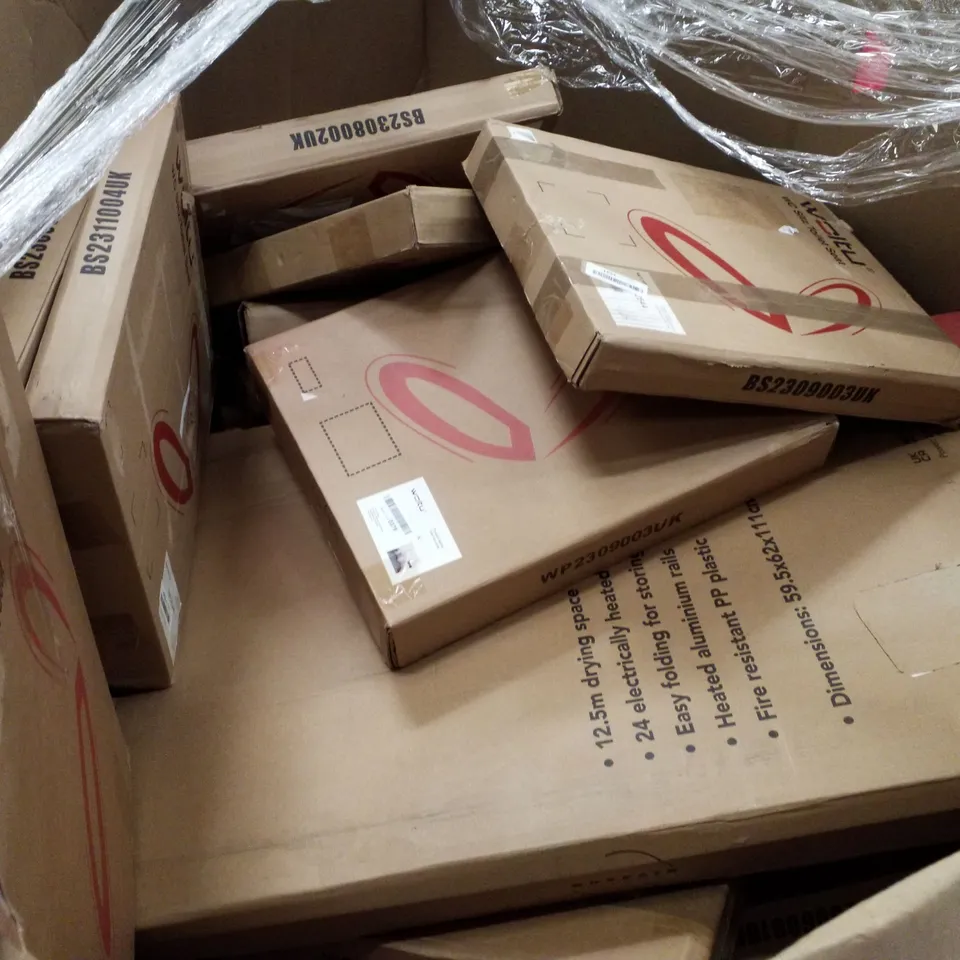 PALLET OF ASSORTED PRODUCTS INCLUDING SENSOR MOTION RECYCLING BIN, DIGITAL AIR FRYER, TOILET SEAT, 12.5M DRYING SPACE