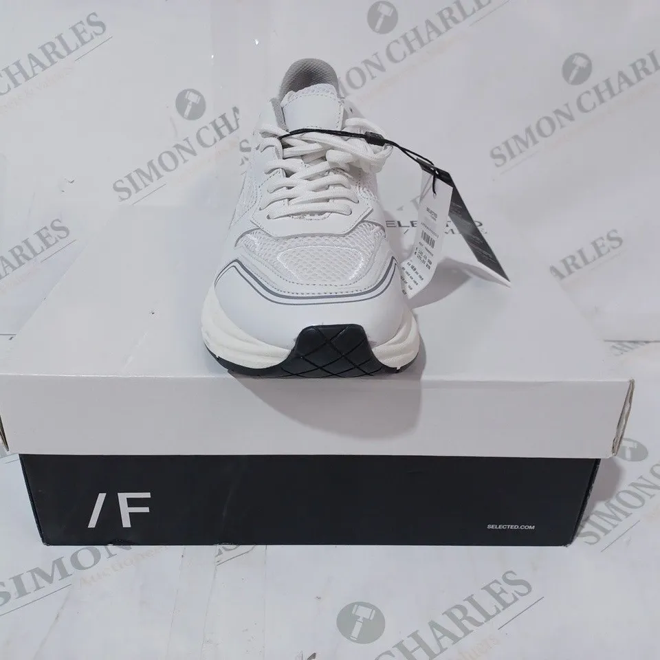 BOXED PAIR OF SELECTED / FEMME LEATHER TRAINERS IN WHITE UK SIZE 7