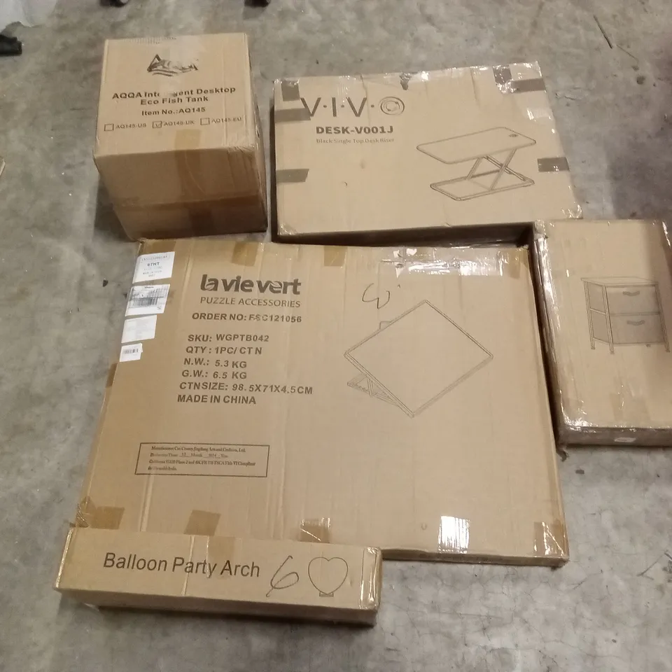 PALLET OF ASSORTED HOUSEHOLD GOODS AND PRODUCTS TO INCLUDE; BALLOON PARTY ARCH, TOP DESK RISER, FISH TANK, PUZZLE BOARD ETC