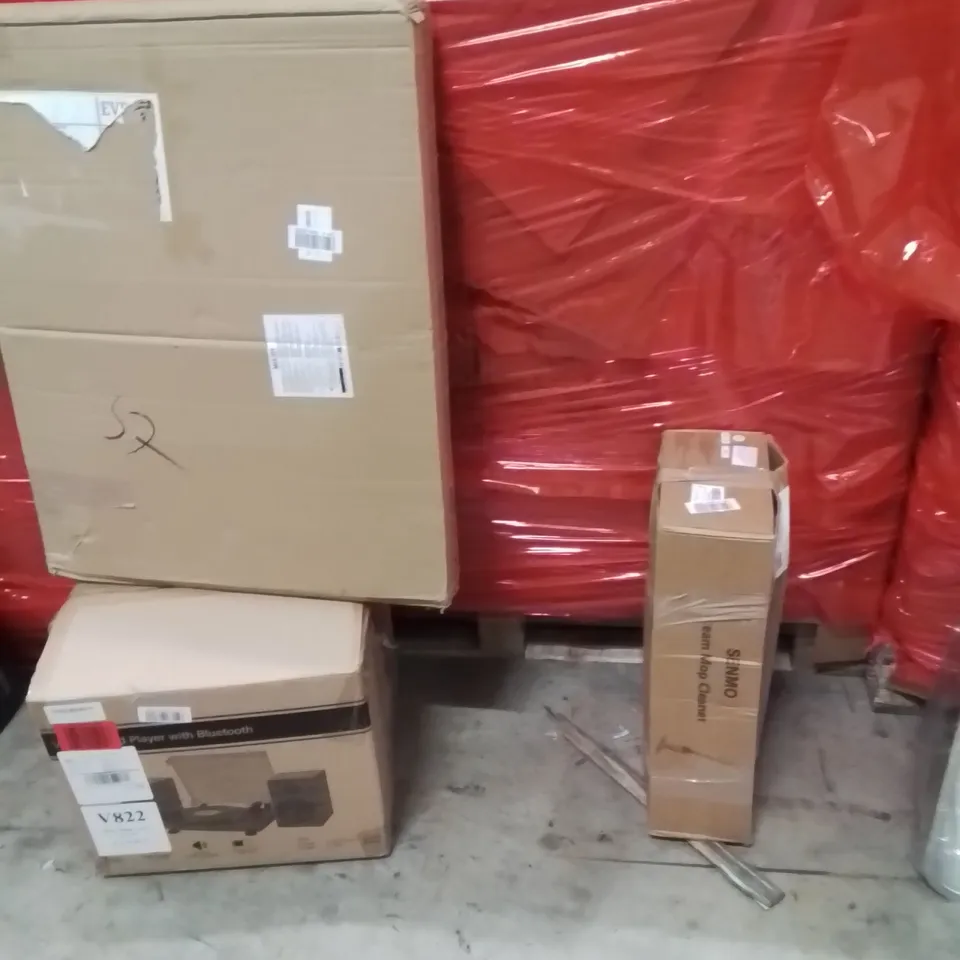 PALLET OF ASSORTED HOUSEHOLD GOODS AND PRODUCTS TO INCLUDE;STEAM MOP,TURNTABLE SYSTEM,PICTURE FRAME