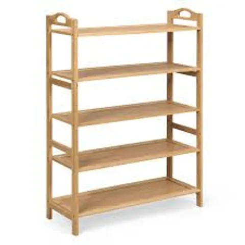 BOXED 5-TIER FREE STANDING BAMBOO SHOE RACK WITH TWO ROUNDED HANDLES