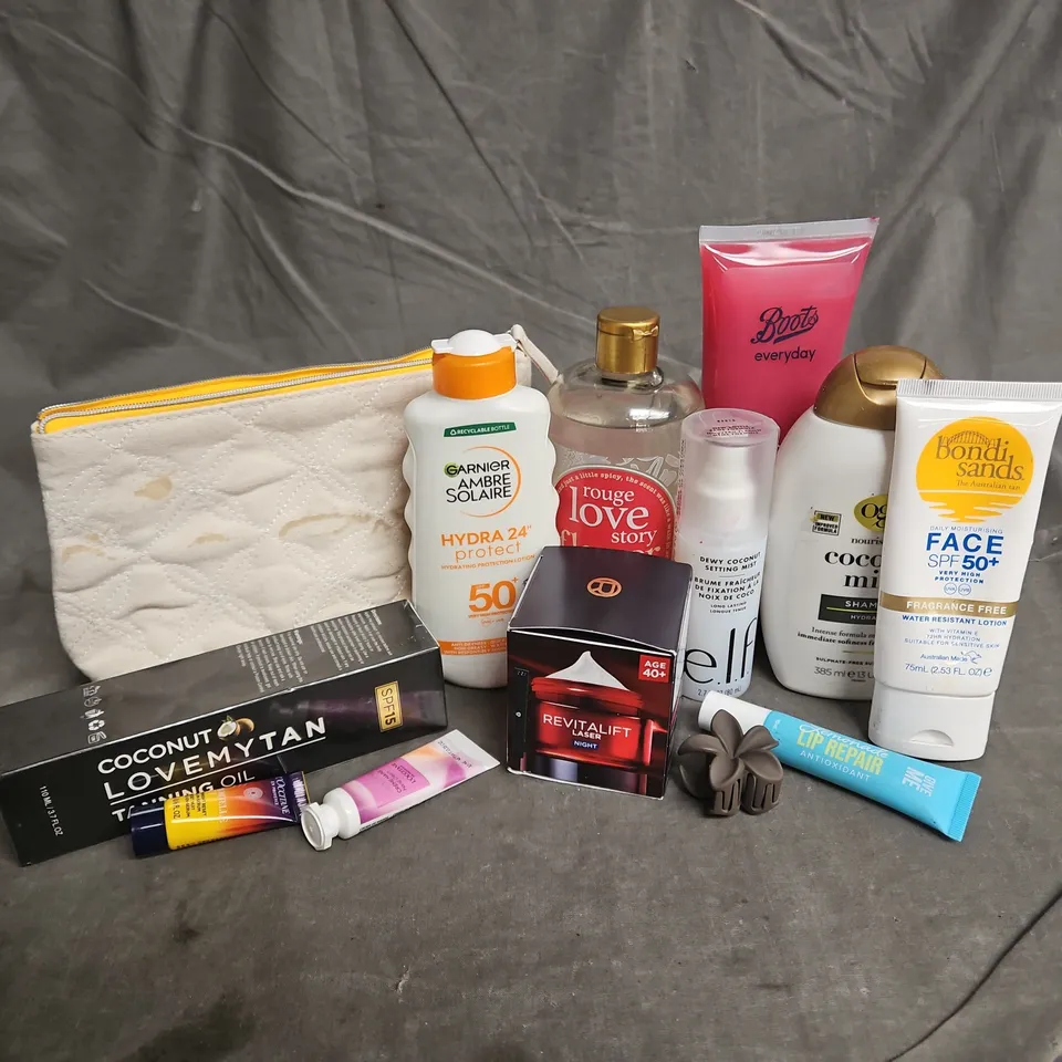 APPROXIMATELY 20 ASSORTED HEALTH & BEAUTY PRODUCTS TO INCLUDE - ELF SETTING MIST - L'OREAL REVITALIFT LASER NIGHT CREAM - L'OCCITANE HAND CREAM - ETC