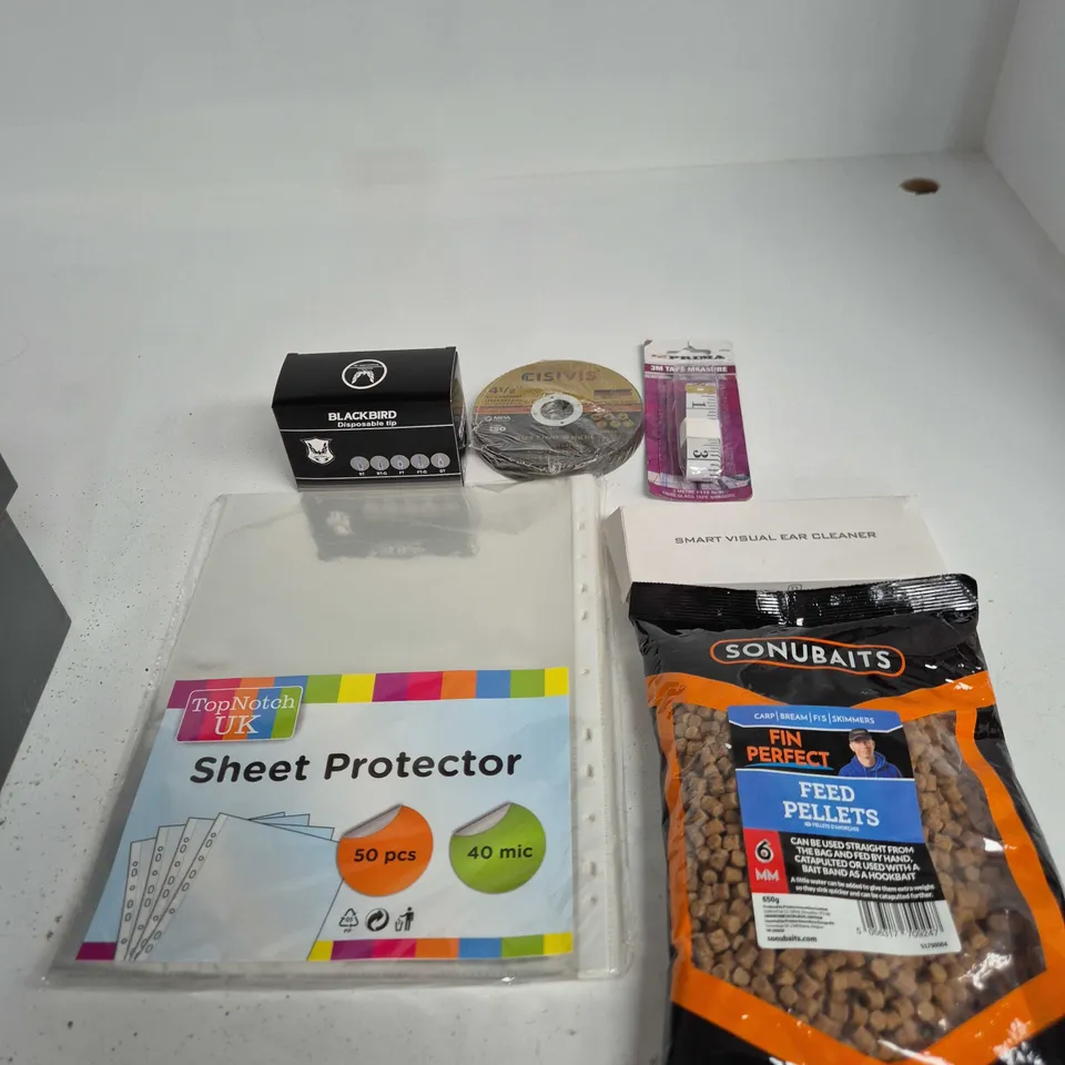 TOTE OF APPROXIMATELY 10 ASSORTED ITEMS INCLUDING SONUBAITS FEED PELLETS, SMART VISUAL EAR CLEANER AND 3M TAPE MEASURE