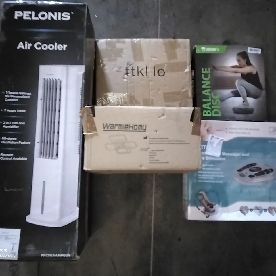 PALLET OF ASSORTED ITEMS INCLUDING PELONIS AIR COOLER, LED CEILING FAN LIGHT, BALANCE DISC, WALL CLOCK, ELECTRIC FOOT MASSAGER