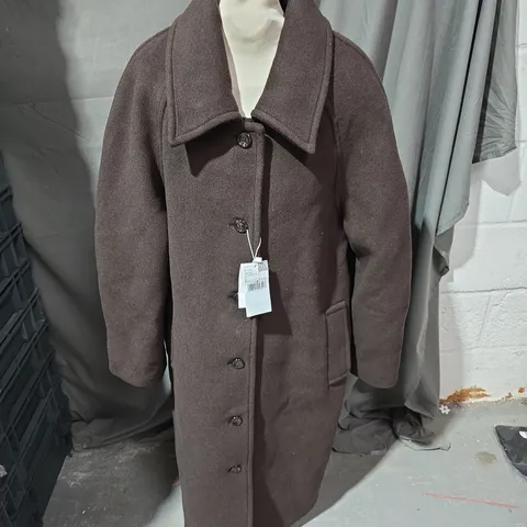 MNG WOMEN'S BROWN WOOL COAT – LONGLINE, BUTTON FRONT - UK LARGE