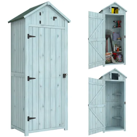 BOXED OUTSUNNY GARDEN SHED VERTICAL UTILITY 3 SHELVES SHED WOOD OUTDOOR GARDEN TOOL STORAGE UNIT STORAGE CABINET, 77 X 54.2 X 179CM - BLUE