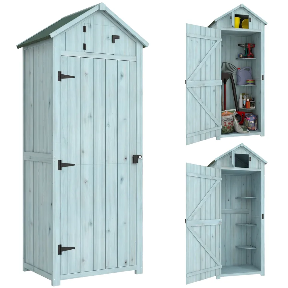 BOXED OUTSUNNY GARDEN SHED VERTICAL UTILITY 3 SHELVES SHED WOOD OUTDOOR GARDEN TOOL STORAGE UNIT STORAGE CABINET, 77 X 54.2 X 179CM - BLUE