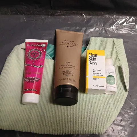 FIVE ASSORTED COSMETICS PRODUCTS TO INCLUDE; GLOSSYBOX BAG, GROW GORGEOUS CURL DEFINING SHAMPOO, CLEAR SKIN DAYS SPOT ERASER STICK, BUBBLE T BODY WASH, BALANCE ME EXFOLIATING CONCENTRATE