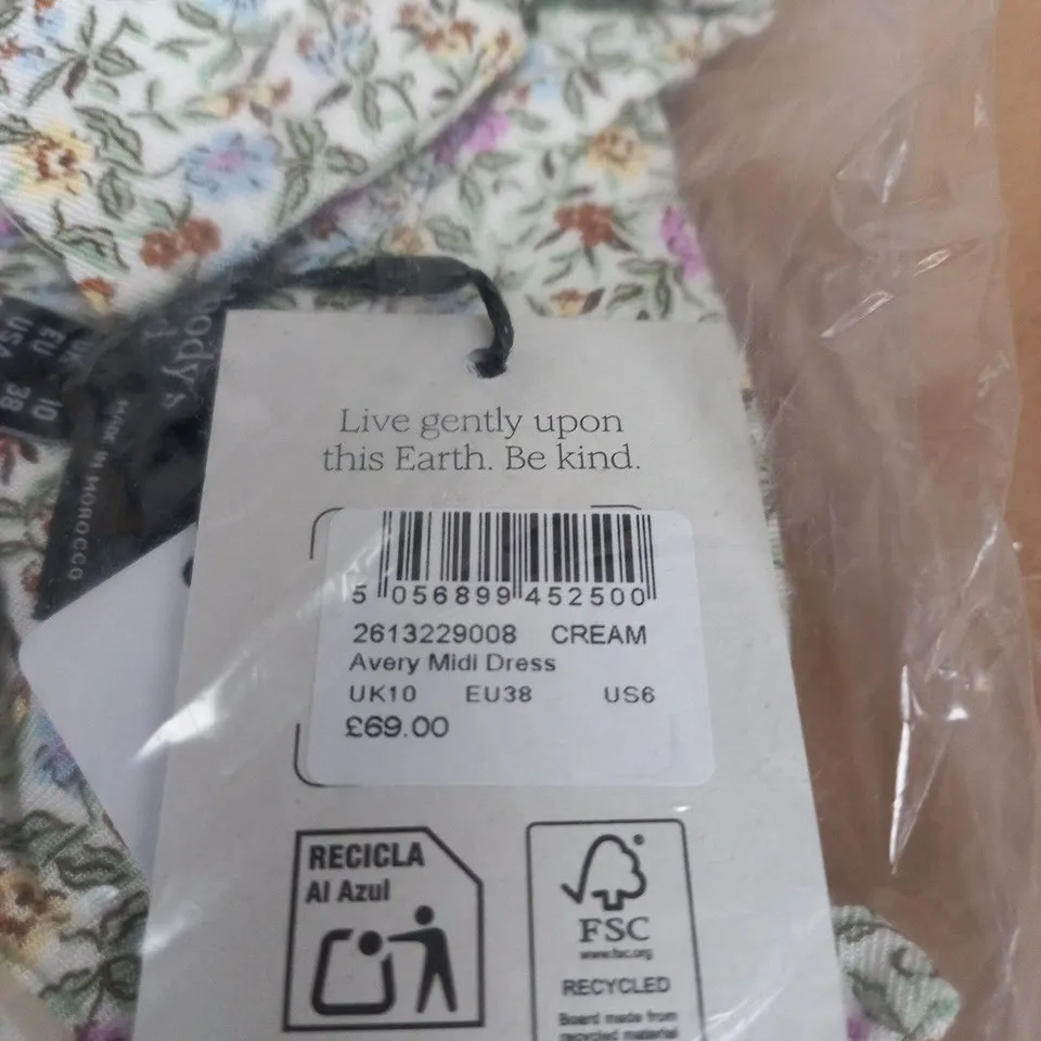 NOBODYS CHILD CREAM AVERY MIDI DRESS – FLORAL PRINT, UK 10 (EU38 US6)