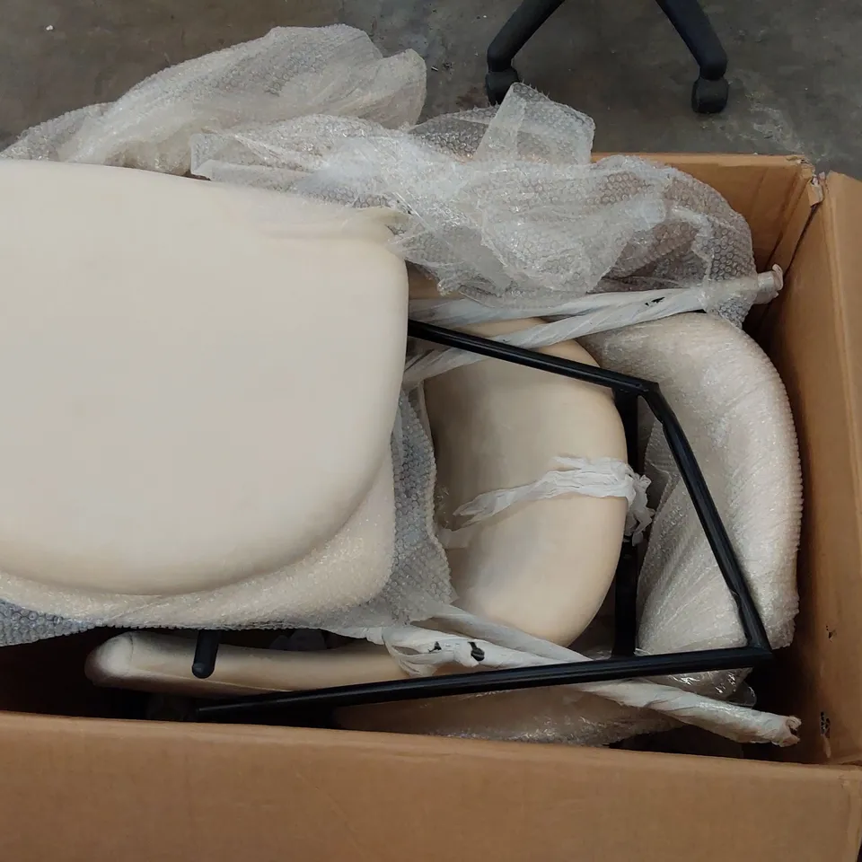 BOXED SET OF 2 CREAM VELVET CHAIRS WITH BLACK METAL FRAMES (1 BOX)