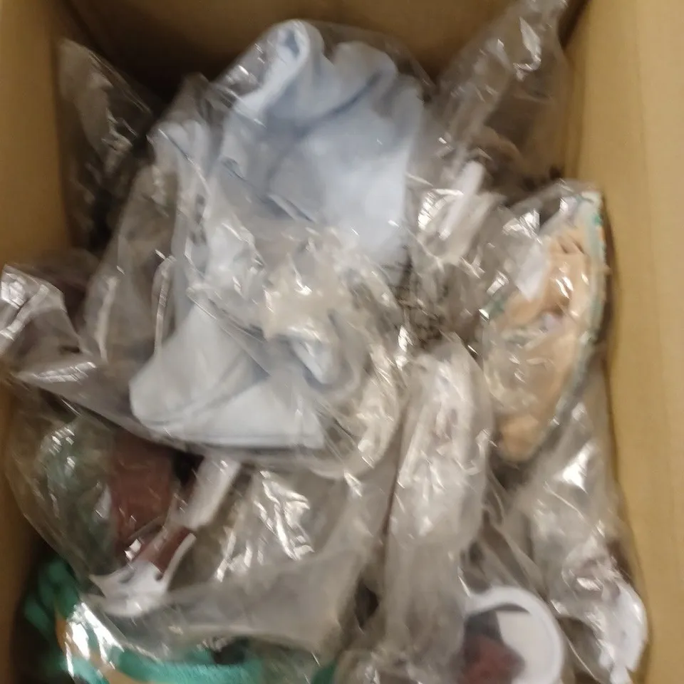 BOX OF APPROXIMATELY 15 ASSORTED CLOTHING PRODUCTS IN VARIOUS BRANDS & SIZES TO INCLUDE STRIPE SHIRTS, TRAINING TOPS, T-SHIRTS ETC