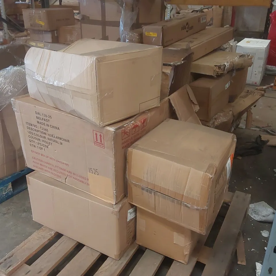 PALLET CONTAINING A LARGE QUANTITY OF ASSORTED ITEMS INCLUDING: FURNITURE PARTS, ASSORTED CLOTHING ECT