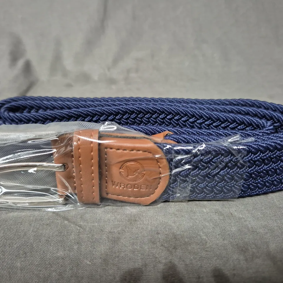 WRODEN BLUE WOVEN BELT WITH LEATHER END & BRASS BUCKLE
