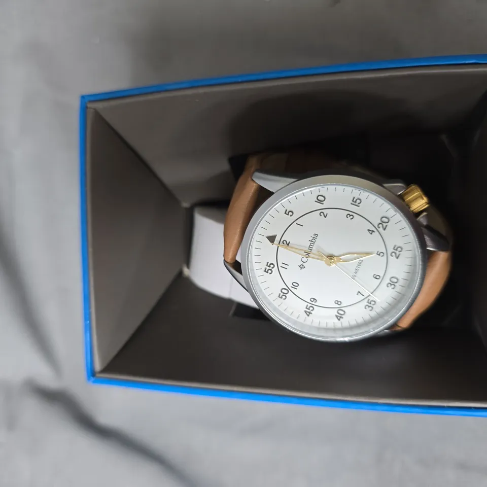 COLUMBIA WRISTWATCH – WHITE DIAL, TAN LEATHER STRAP
