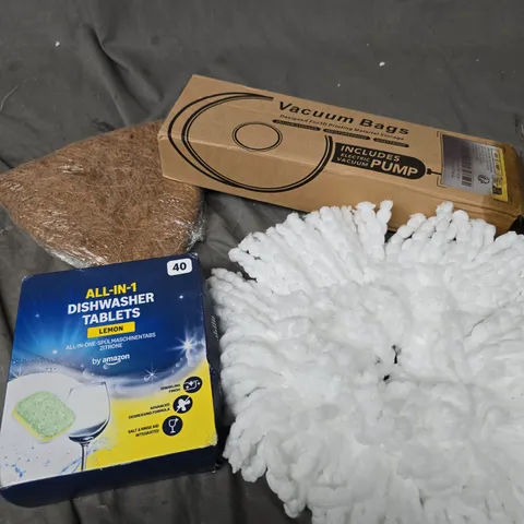 APPROXIMATELY 15 ASSORTED HOUSEHOLD PRODUCTS TO INCLUDE MOP HEADS, PIE DISHES, DISHWASHER TABLETS ETC 