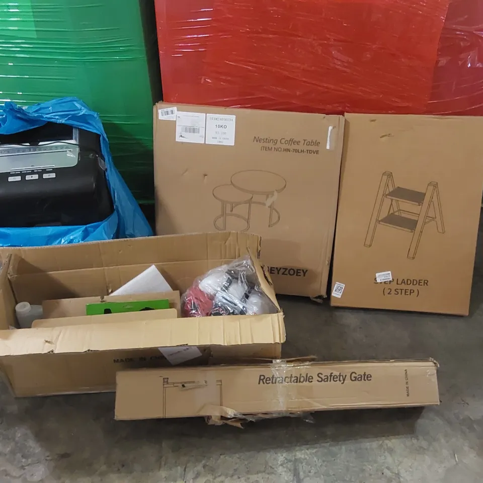 PALLET OF ASSORTED CONSUMER PRODUCTS TO INCLUDE: PAPER SHREDDERS, PROFESSIONAL BRUSH CUTTER, STEP LADDER, COFFEE TABLE, RETRACTABLE SAFETY GATE, PROPER CHIPS BARBECUE CRISPS ECT