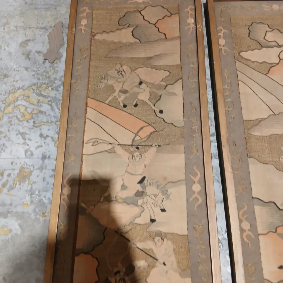 PAIR OF JAPANESE-STYLE DECORATIVE WALL PANELS WITH MOUNTED HORSEMEN, GOLD-TONED BACKGROUNDS