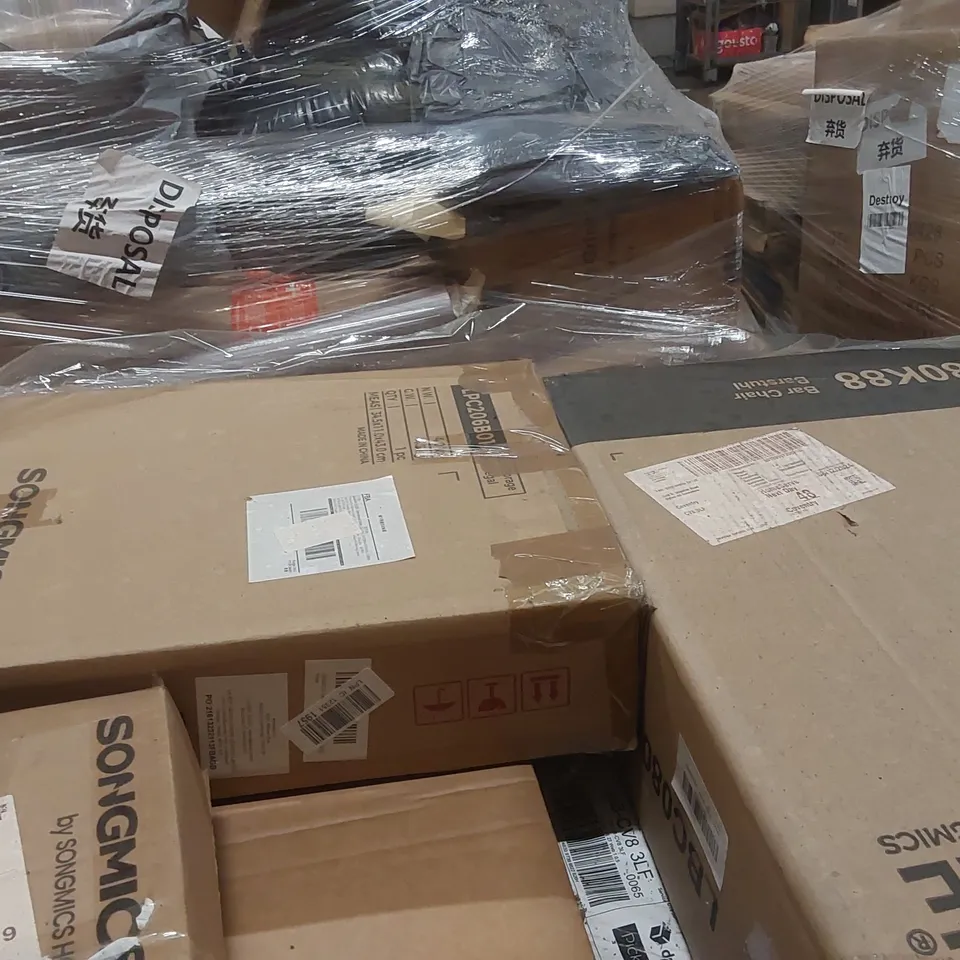PALLET CONTAINING A VERY LARGE QUANTITY OF ASSORTED FURNITURE PRODUCTS ECT INCLUDING: TRASH BIN, SHOE RACK, COSMETIC ORGANISER, BAR CHAIR ECT