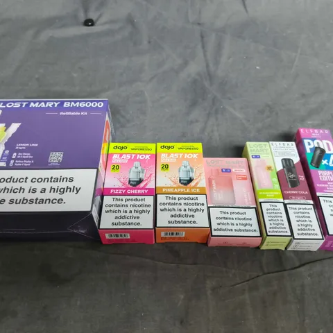 APPROXIMATELY 15 ASSORTED E-CIGARETTE AND VAPE PRODUCTS TO INCLUDE LOST MARY, DOJO, ELFBAR ETC 