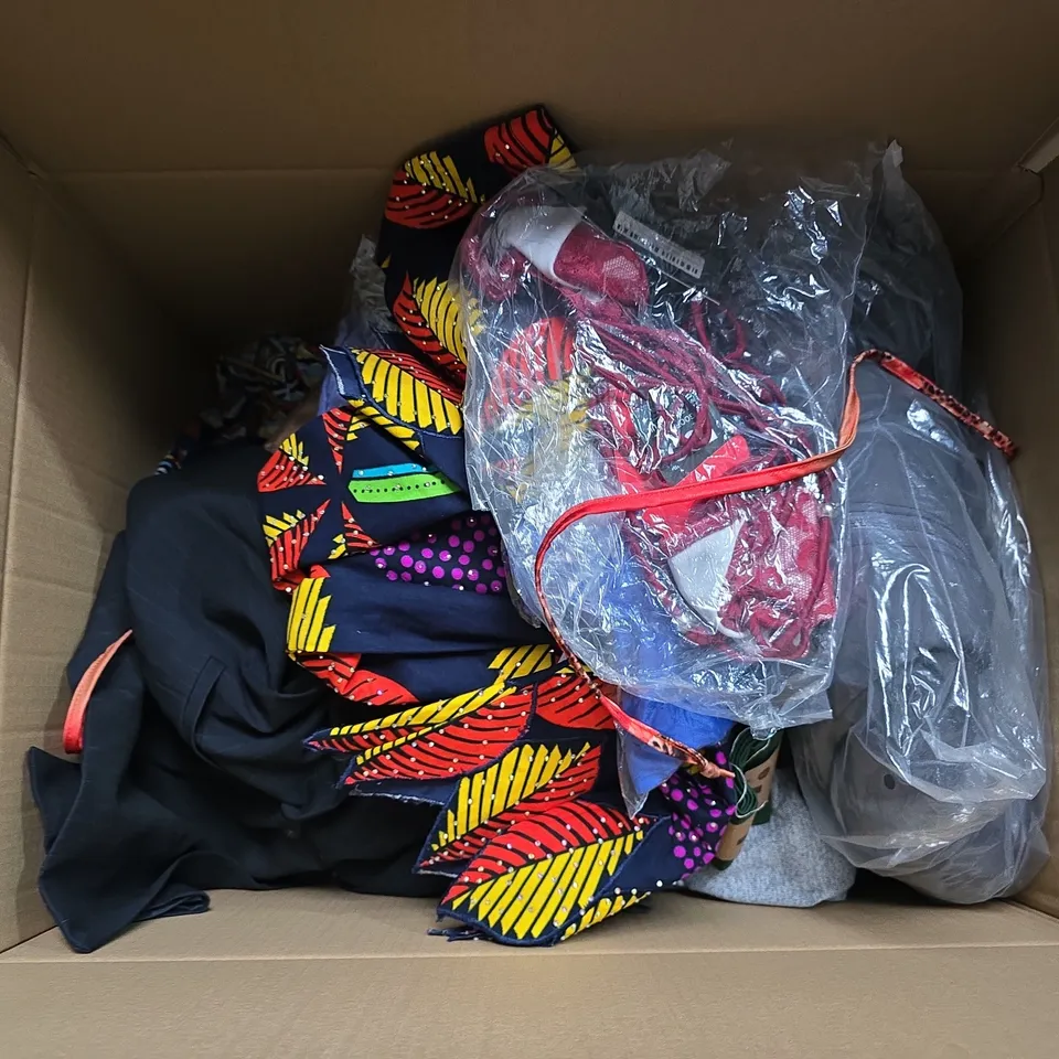 LARGE BOX OF APPROX 25 ASSORTED CLOTHING ITEMSIN VARIOUS SIZES, COLOURS AND STYLES