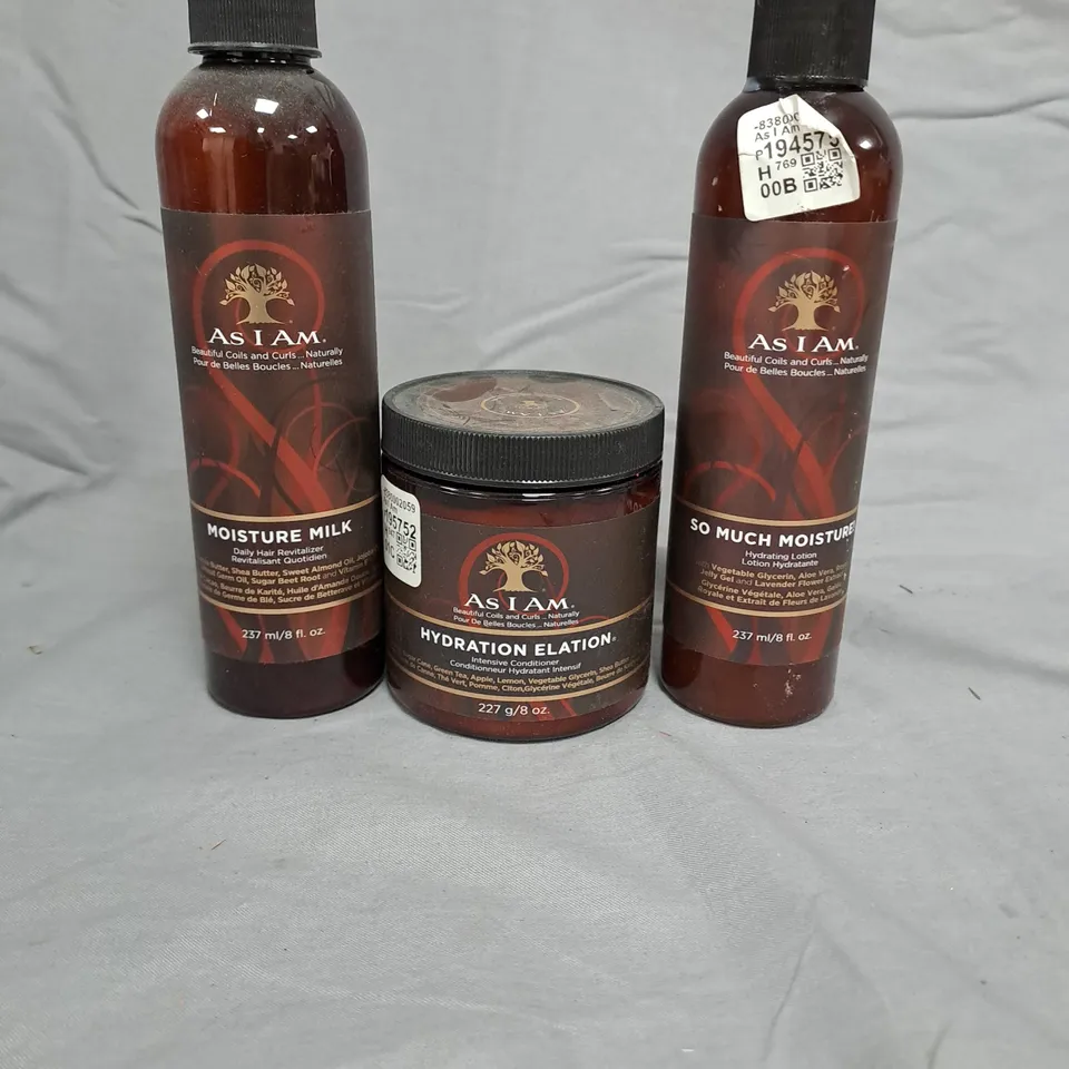 BOX OF APPROXIMATELY 15 AS I AM HAIR CARE PRODUCTS TO INCLUDE MOISTURE MILK, INTENSIVE CONDITIONER AND HYDRATING LOTION