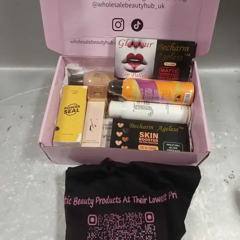 BOX OF APPROXIMATELY 8 ASSORTED COSMETIC PRODUCTS TO INCLUDE - GLAMOUR AGELESS CONCEALER - JUBA COSMETICS SETTING SPRAY - VEE BEAUTY SECOND SKIN FOUNDATION - ETC