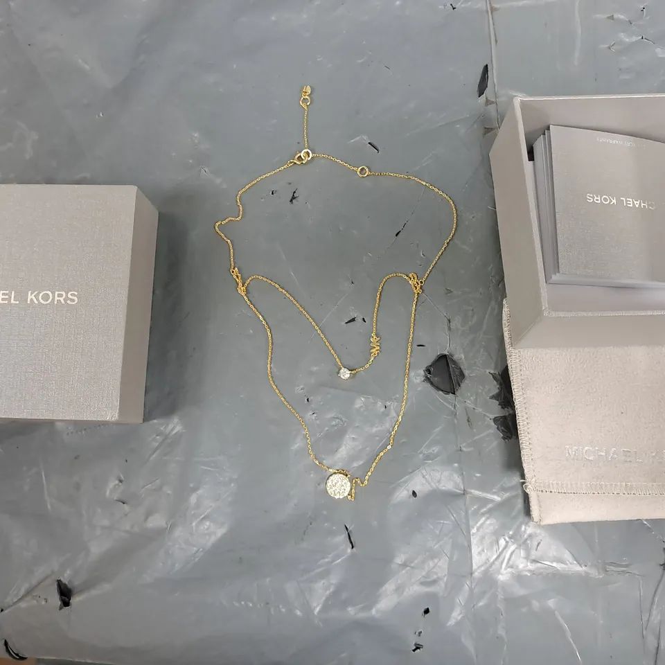 MICHAEL KORS 14K GOLD-PLATED STERLING SILVER DOUBLE LAYERED PAVÉ DISK NECKLACE