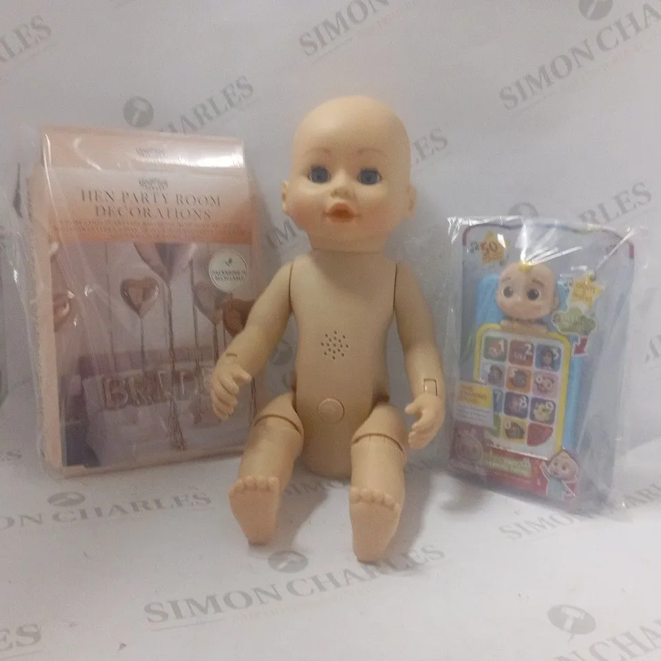 APPROXIMATELY 5 ASSORTED PRODUCTS TO INCLUDE; BABY ANABELLE, JJ'S FIRST LEARNING PHONE, ROUND METAL MIRRORED SUNGLASSES AND HENPARTY ROOM DECORATIONS