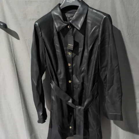 RIVER ISLAND BLACK FAUX LEATHER BELTED COAT – WOMEN'S UK 16