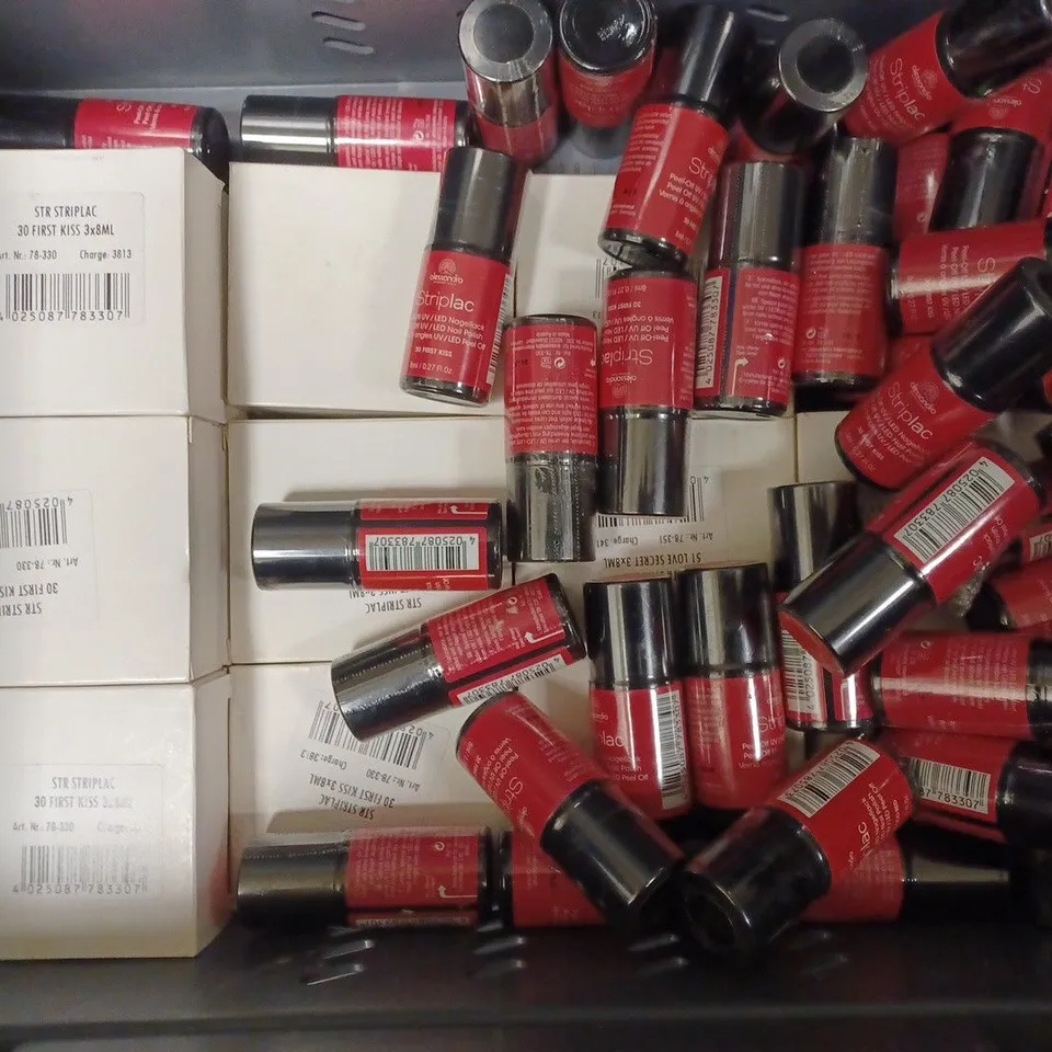BOX OF APPROXIMATELY 75 X 8ML VIALS OF ALESSANDRO STRIPLAC NAIL POLISH IN FIRST KISS, LOVE SECRET