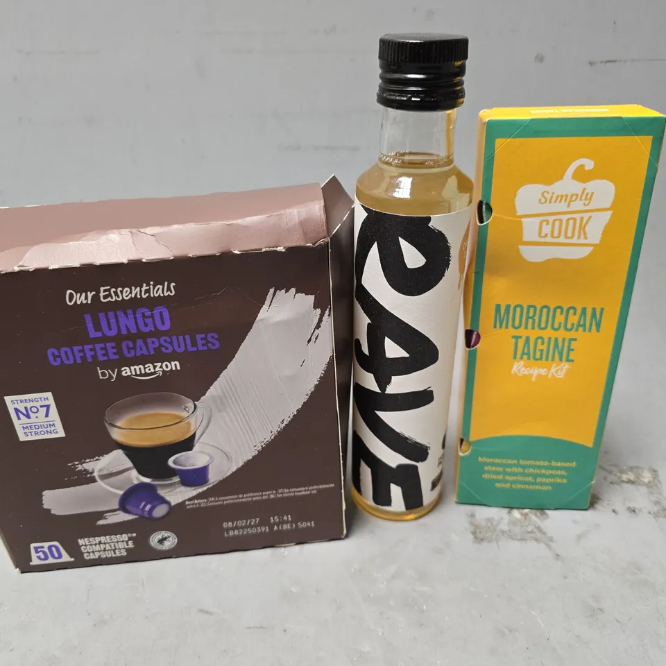 APPROXIMATELY 9 ASSORTED FOOD & DRINK ITEMS TO INCLUDE - SIMPLY COOK MOROCCAN TAGINE , AMAZON LUNGO , RAVE CARAMEL SYRUP ETC