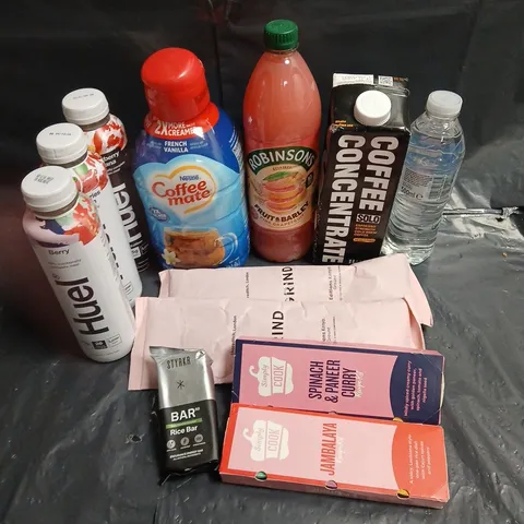 APPROXIMATELY 10 ASSORTED FOOD & DRINK ITEMS TO INCLUDE - COFFEE MATE FRENCH VANILLA CREAMER - GRIND EDITIONS KENYA COFFEE - HUEL MEAL DRINKS - ETC - COLLECTION ONLY