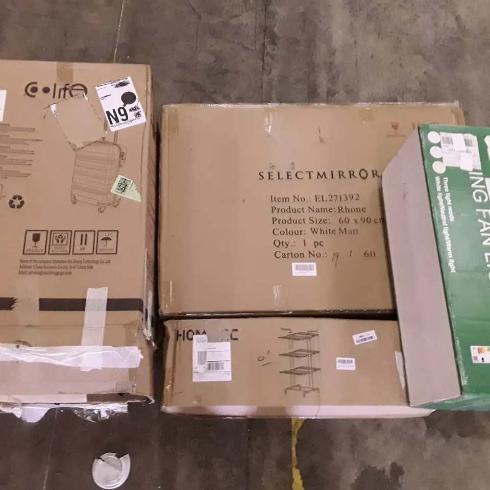 PALLET OF ASSORTED PRODUCTS INCLUDING SUITCASE, SELECTMIRROR RHONE, HOMIDEC DRYING RACK, CEILING FAN LIGHT, OFFICE CHAIR
