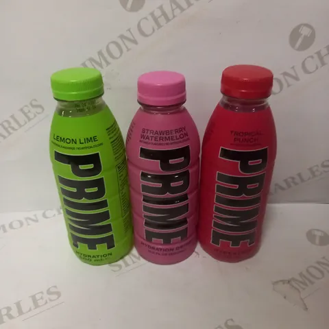 LOT OF 3 PRIME HYDRATION DRINKS TO INCLUDE LEMON LIME, STRAWBERRY WATERMELON & TROPICAL PUNCH