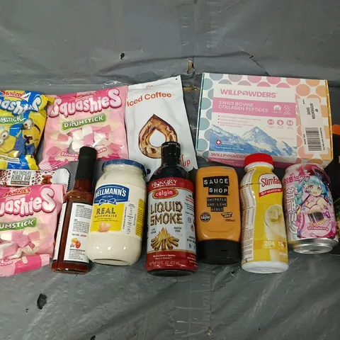 APPROXIMATELY 12 ASSORTED FOOD & DRINK ITEMS TO INCLUDE - SQUASHIES, HELLMANNS MAYO, AND WILLPOWDERS COLLAGEN PEPTIDES - ETC.