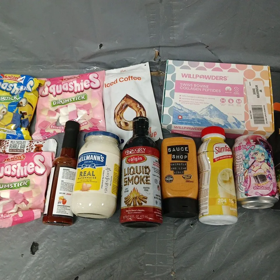 APPROXIMATELY 12 ASSORTED FOOD & DRINK ITEMS TO INCLUDE - SQUASHIES, HELLMANNS MAYO, AND WILLPOWDERS COLLAGEN PEPTIDES - ETC.