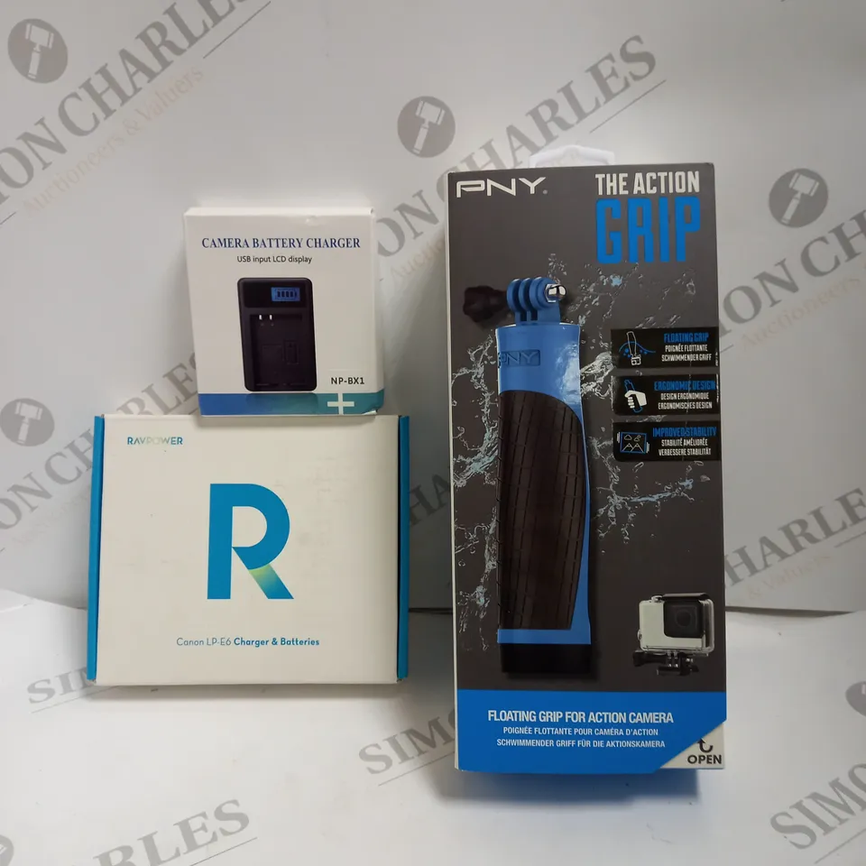 3 X ASSORTED CAMERA ACCESSORIES. INCLUDES BATTERIES, CHARGER & FLOATING ACTION GRIP