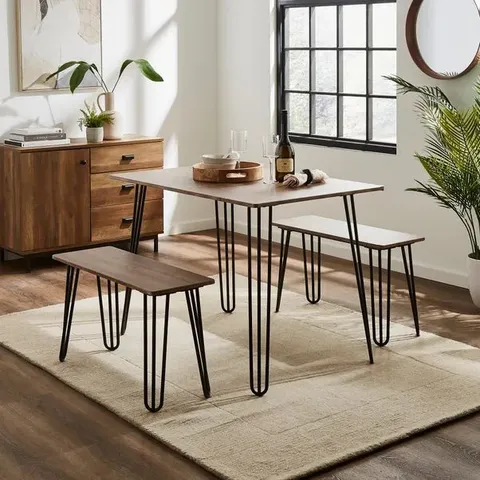 BOXED BELLA 4 SEATER RECTANGULAR HAIRPIN LEG DINING TABLE WITH 2 BENCHES (1 BOX)