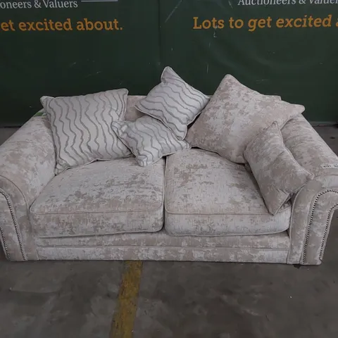 DESIGNER TWO SEATER SCROLL ARM SOFA WITH SCATTER CUSHIONS SILVER FABRIC & STUDDED DETAIL