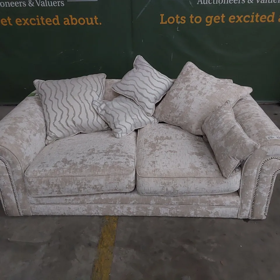 DESIGNER TWO SEATER SCROLL ARM SOFA WITH SCATTER CUSHIONS SILVER FABRIC & STUDDED DETAIL