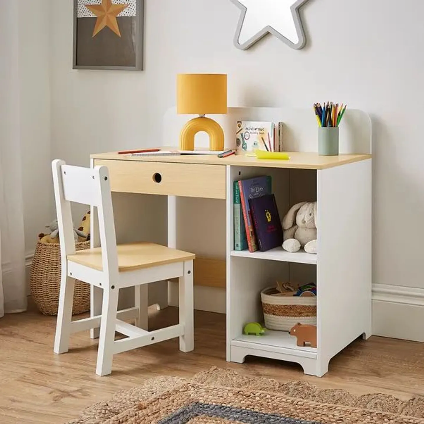BOXED KIDS ALBIE DESK AND CHAIR SET - WHITE/GREY (1 BOX)