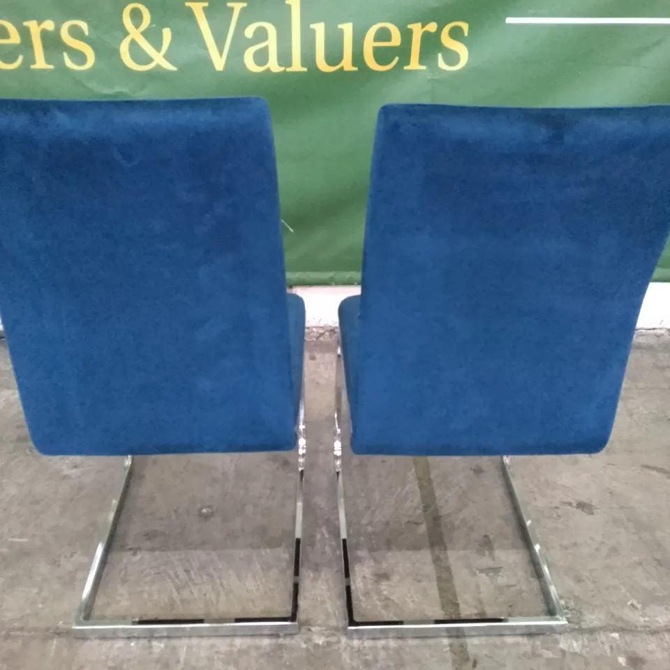 SET OF 2 NEW DESIGNER PERTH BLUE VELVET DINING CHAIRS (CHROME LEGS)