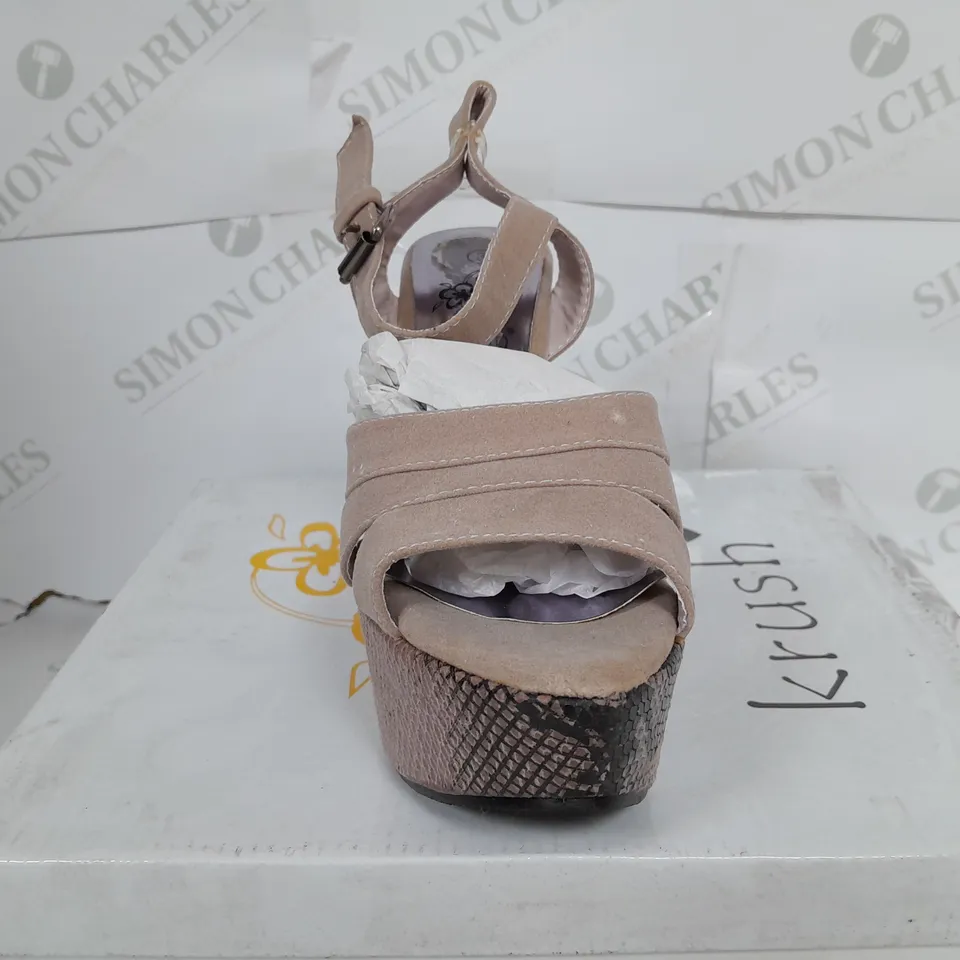 BOXED PAIR OF KRUSH OPEN TOE STRAP PLATFORM SHOES IN MINK - SIZE 3
