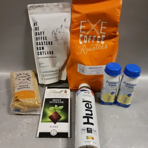 APPROXIMATELY 10 ASSORTED FOOD/DRINK PRODUCTS TO INCLUDE LINDT CHOCOLATE, HUEL COMPLETE MEAL DRINK, EXE COFFEE ETC