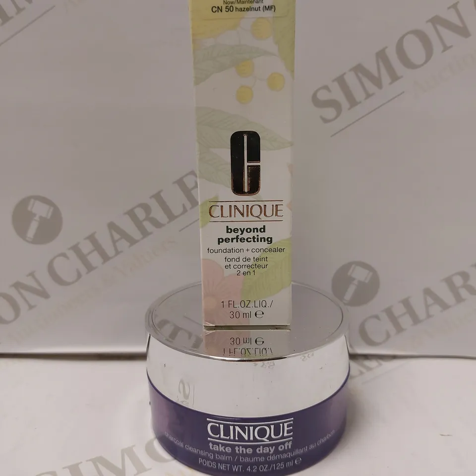 LOT OF 2 CLINIQUE PRODUCTS TO INCLUDE BEYOND PERFECTING FOUNDATION & CONCEALER 30ML - CN50 HAZELNUT & TAKE THE DAY OFF CLEANSING BALM 125ML
