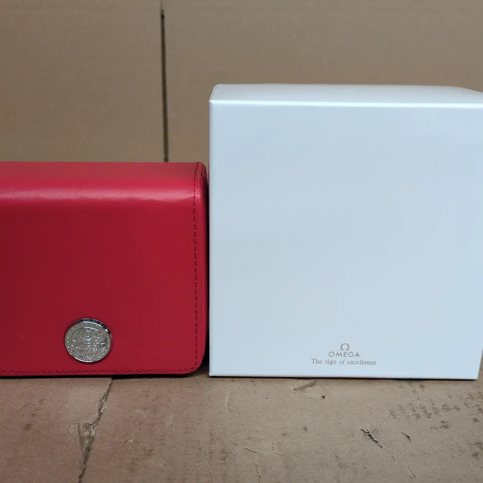 OMEGA RED LEATHER PRESENTATION BOX WITH WHITE OMEGA OUTER BOX