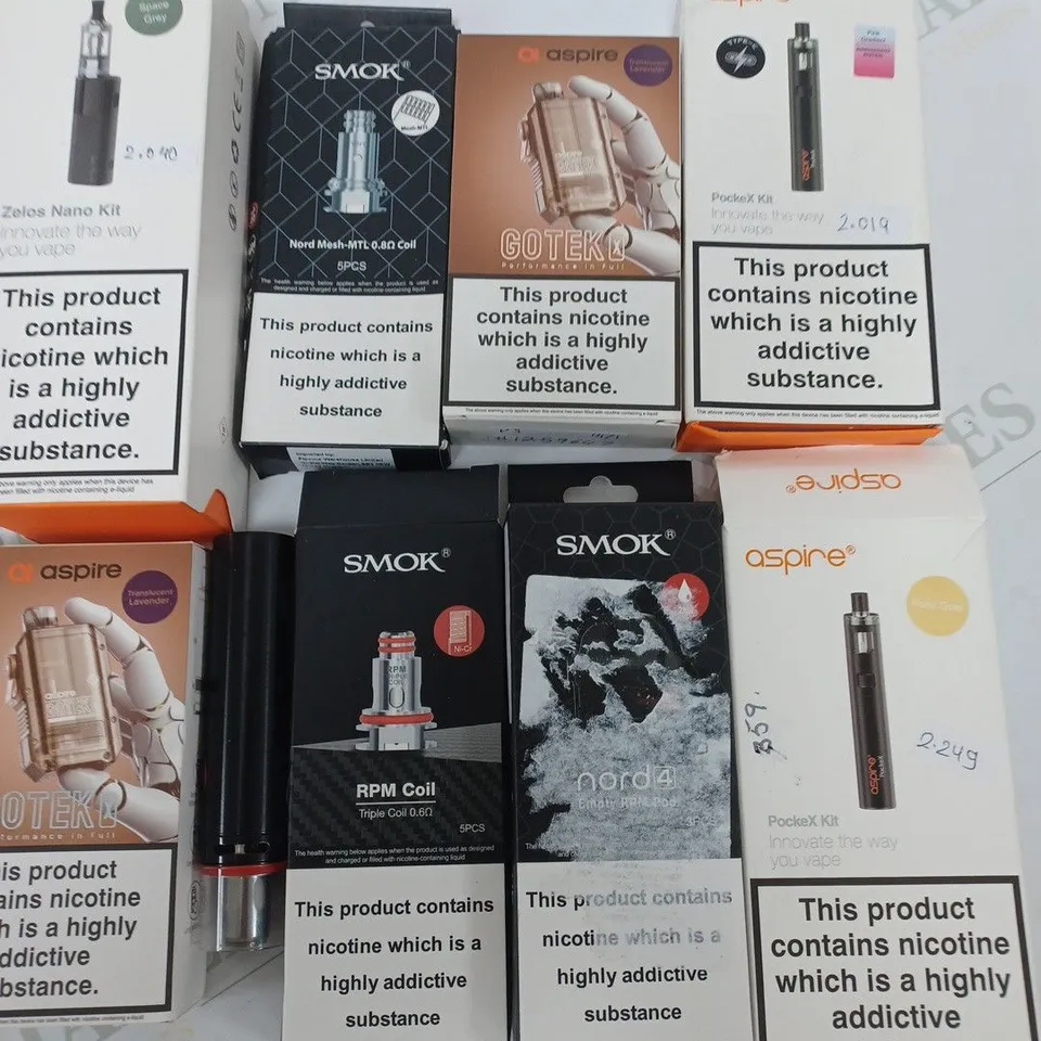 LOT OF 20 ASSORTED E-CIGARETTES AND PARTS TO INCLUDE ASPIRE ZELOS, SMOK AND INNOKIN