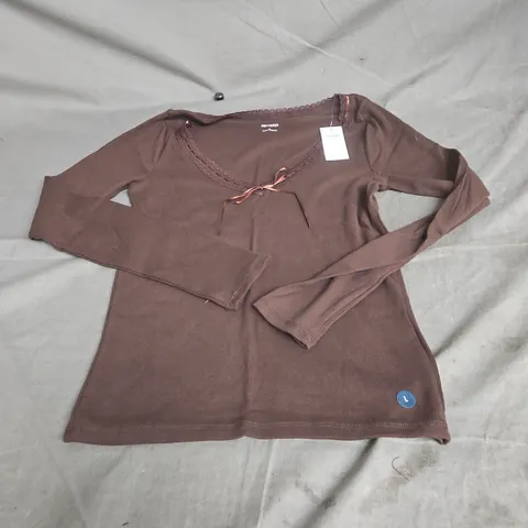 HOLLISTER WOMEN'S BROWN LACE-NECK LONG-SLEEVE TOP, SIZE L