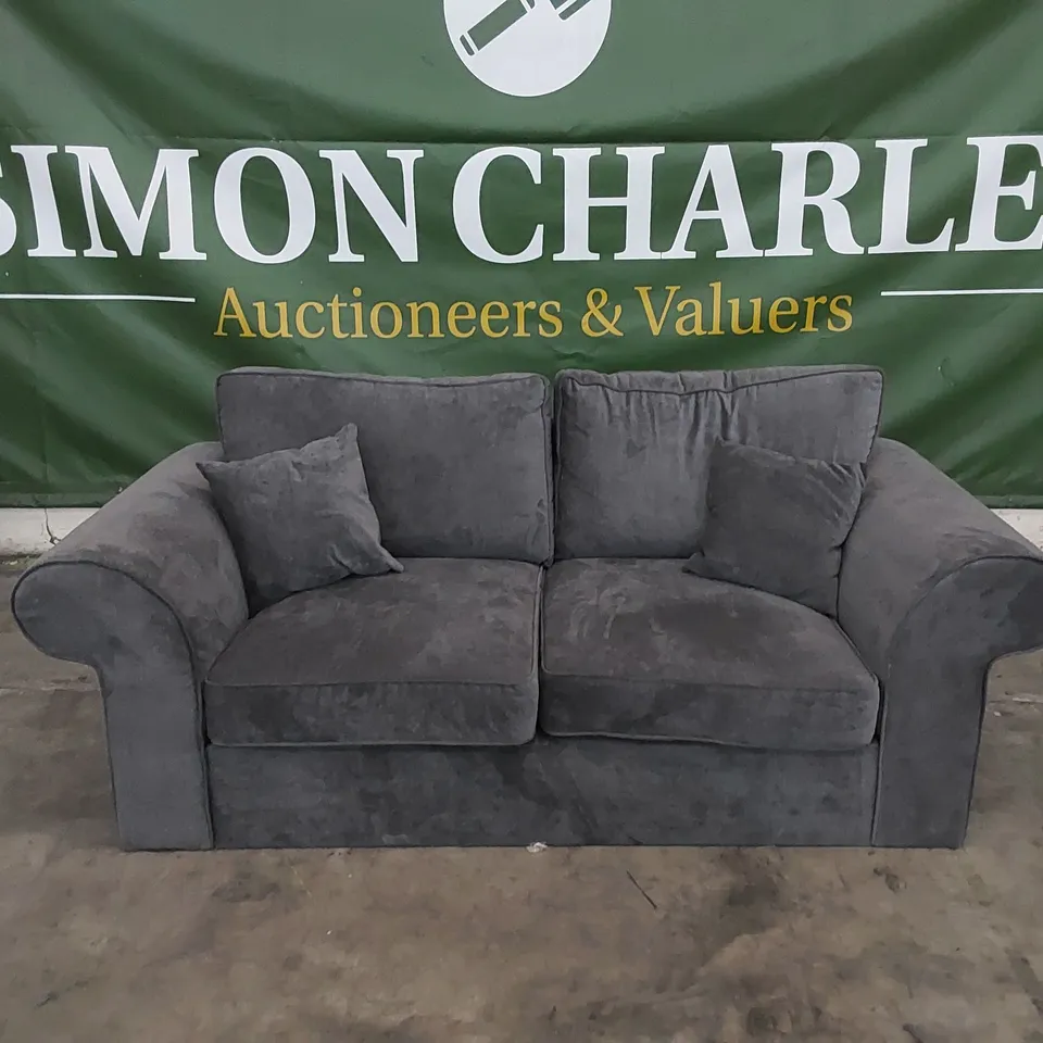 DESIGNER CHARCOAL FABRIC UPHOLSTERED SOFA WITH CUSHIONS 