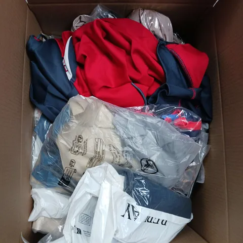 LARGE BOX OF APPROXIMATELY 20 ASSORTED CLOTHING ITEMS IN VARIOUS SIZES, STYLES AND COLOUR